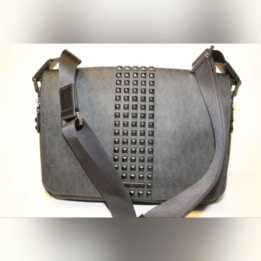NEW Michael Kors MK Studded Leather Shoulder Laptop Messenger Bag + Card Wallet